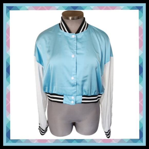 SKY BLUE SATIN ☆ BASEBALL STYLE ☆ CROPPED LIGHTWEIGHT JACKET ☆ NWT - Picture 1 of 6